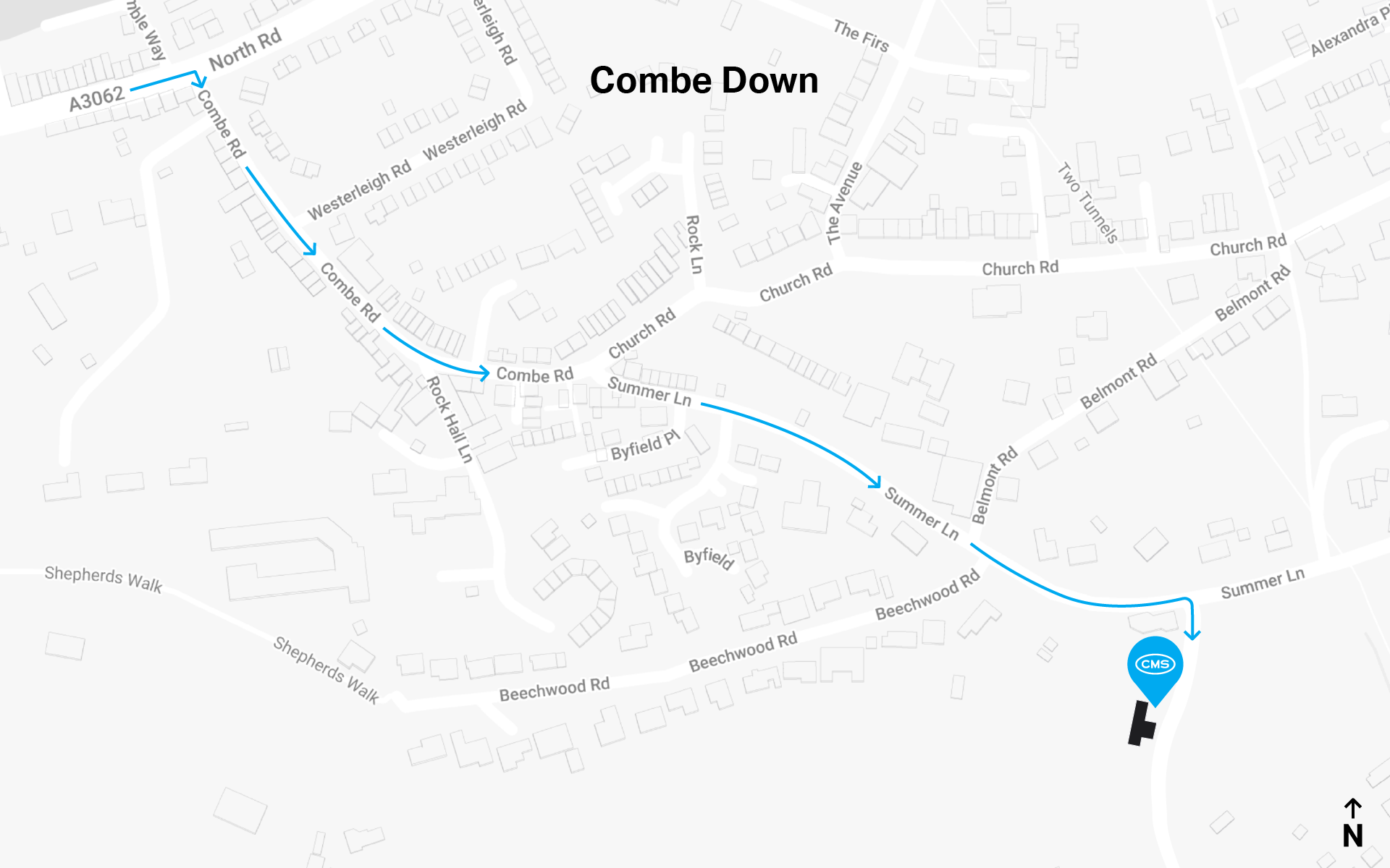 Grey map showing the area around Combe with a pin located over the CMS studio