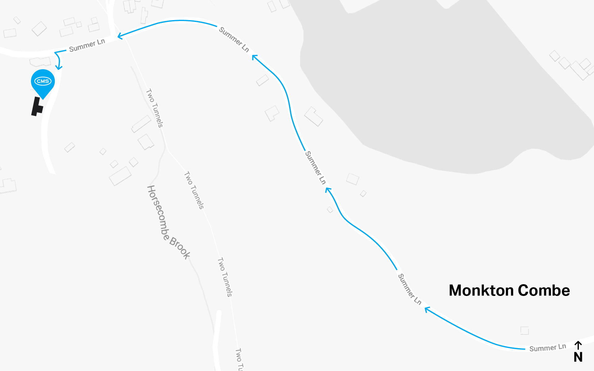 Grey map showing the area around Monkton Combe with a pin located over the CMS studio